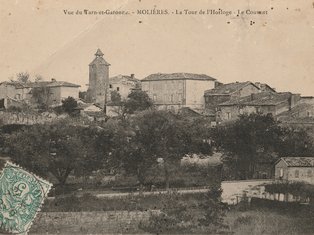 1 Vue d’ensemble de Molières avec la Tour de l’Horloge, epédition de la carte postale 09-06-1907 Carte potale de la vue d'ensemble de Molières