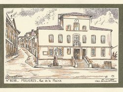 Dessin de la Place et Rue de la Mairie, éditions Yves Ducourtioux en 1996 Carte postale ancienne de la ville de Molières 82