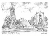 Dessin en noir et blanc de la Place de l’Église, éditionsYves Ducourtioux en 1992 Carte postale de l'église de Molières